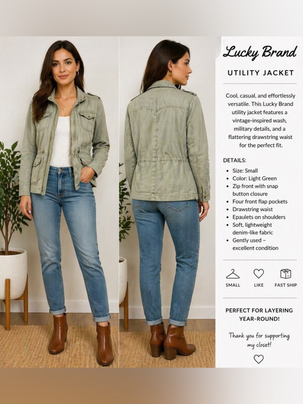 Lucky Brand Women’s Green Linen Military Style Jacket